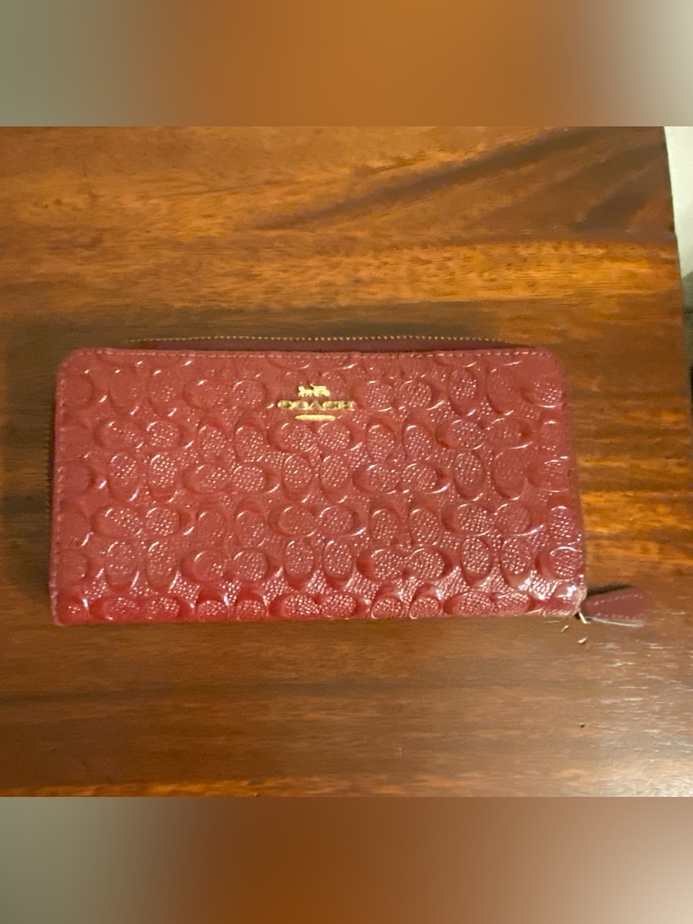 COACH Embossed Signature Zip Wallet - Rare Deep Red Color | Authentic